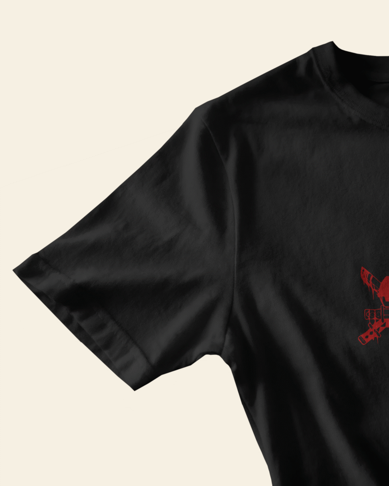 flatlay tshirt mockup wooden surface closeup with sleeve and chest designs warm natural light 1808